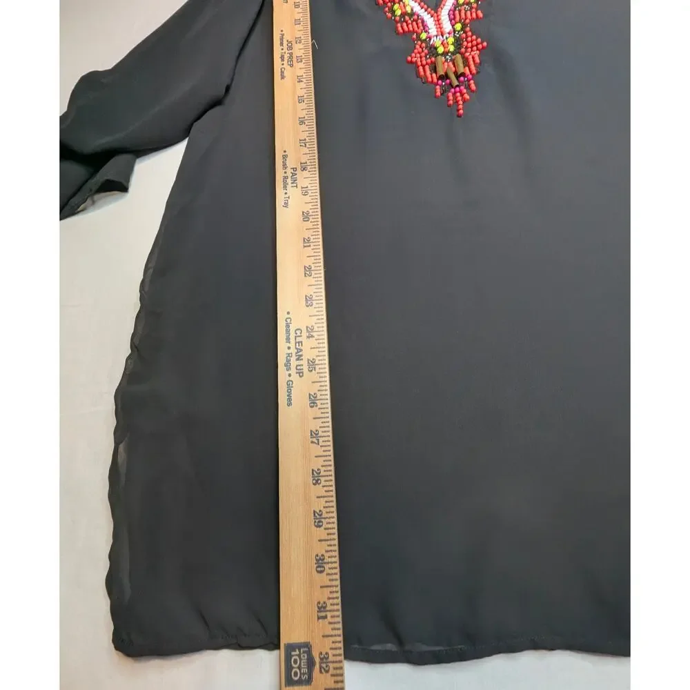 Gianni Bini Resortwear Black Chiffon Beaded Tunic Cover-Up Boho Indie Festival M